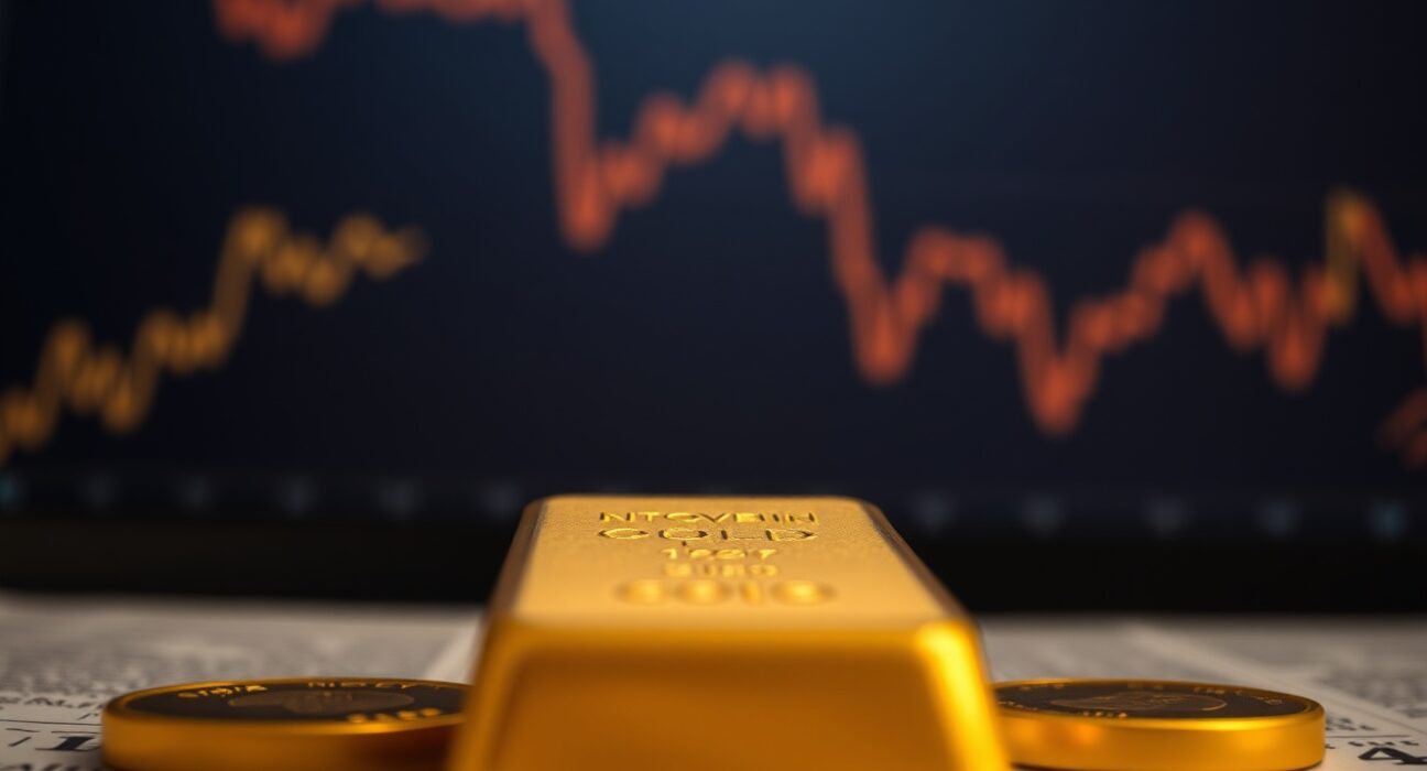 Close-up of a gold bar with a financial chart showing declining yields in the background.
