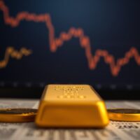 Close-up of a gold bar with a financial chart showing declining yields in the background.