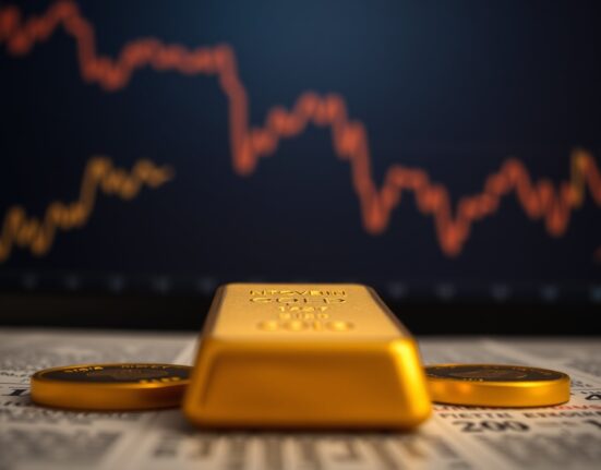 Close-up of a gold bar with a financial chart showing declining yields in the background.