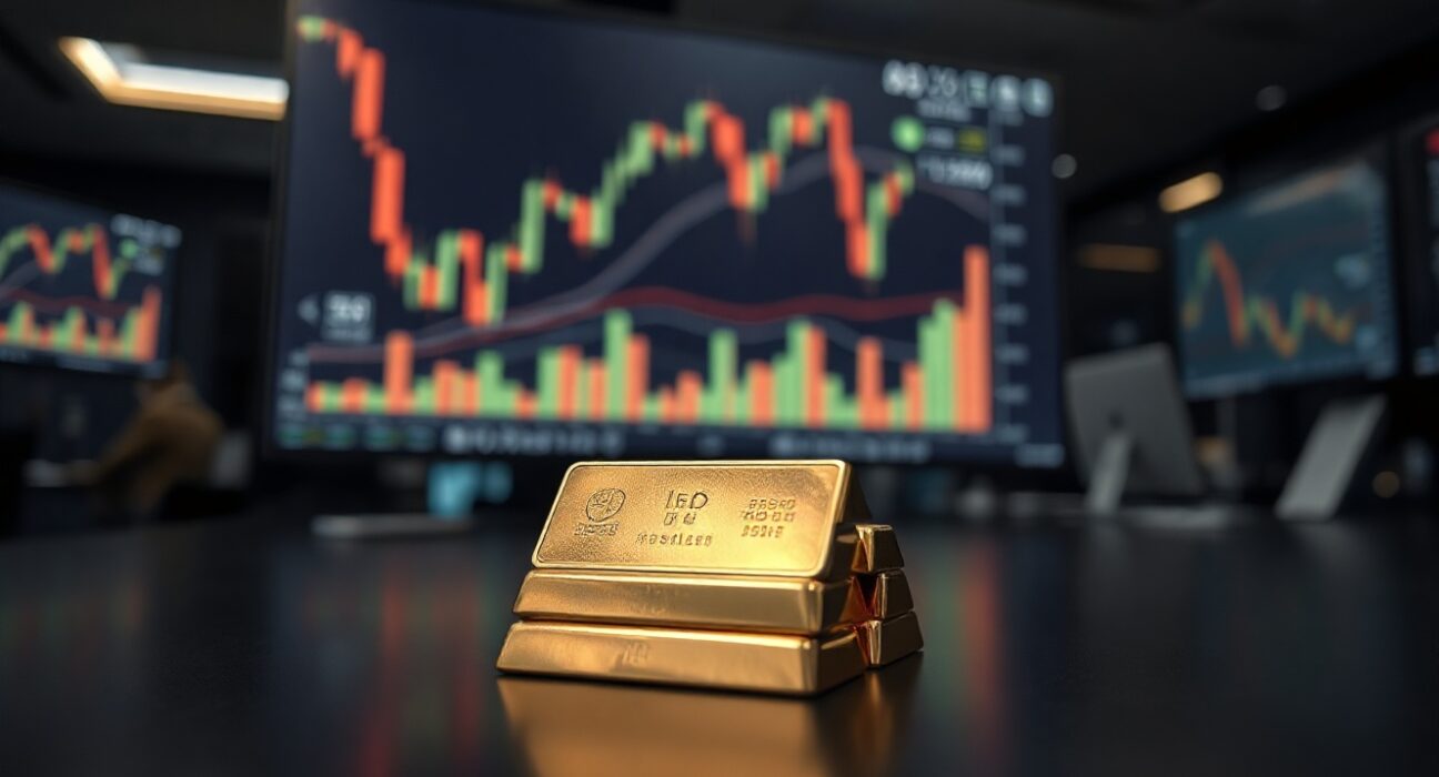 Gold bullion bars on a reflective surface with a financial chart in the background.