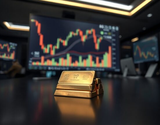 Gold bullion bars on a reflective surface with a financial chart in the background.