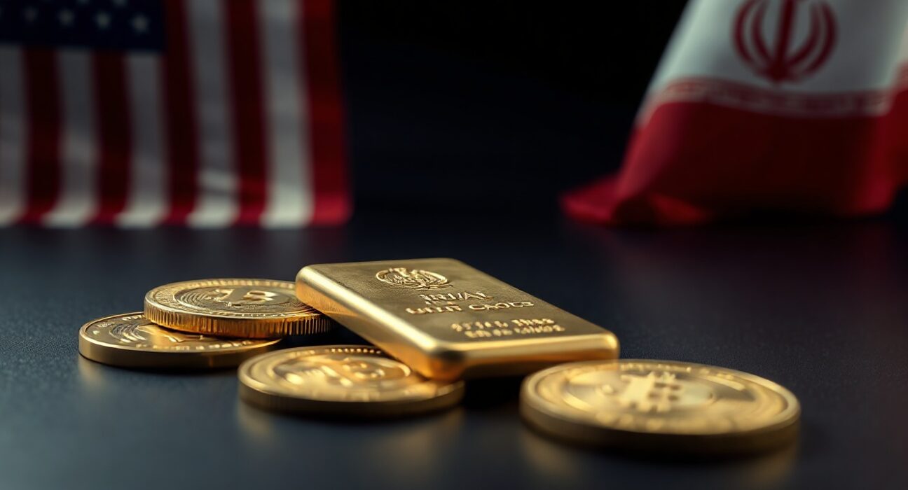 Gold bars and coins with American and Iranian flags in background