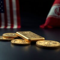 Gold bars and coins with American and Iranian flags in background
