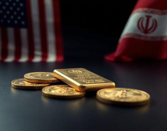Gold bars and coins with American and Iranian flags in background
