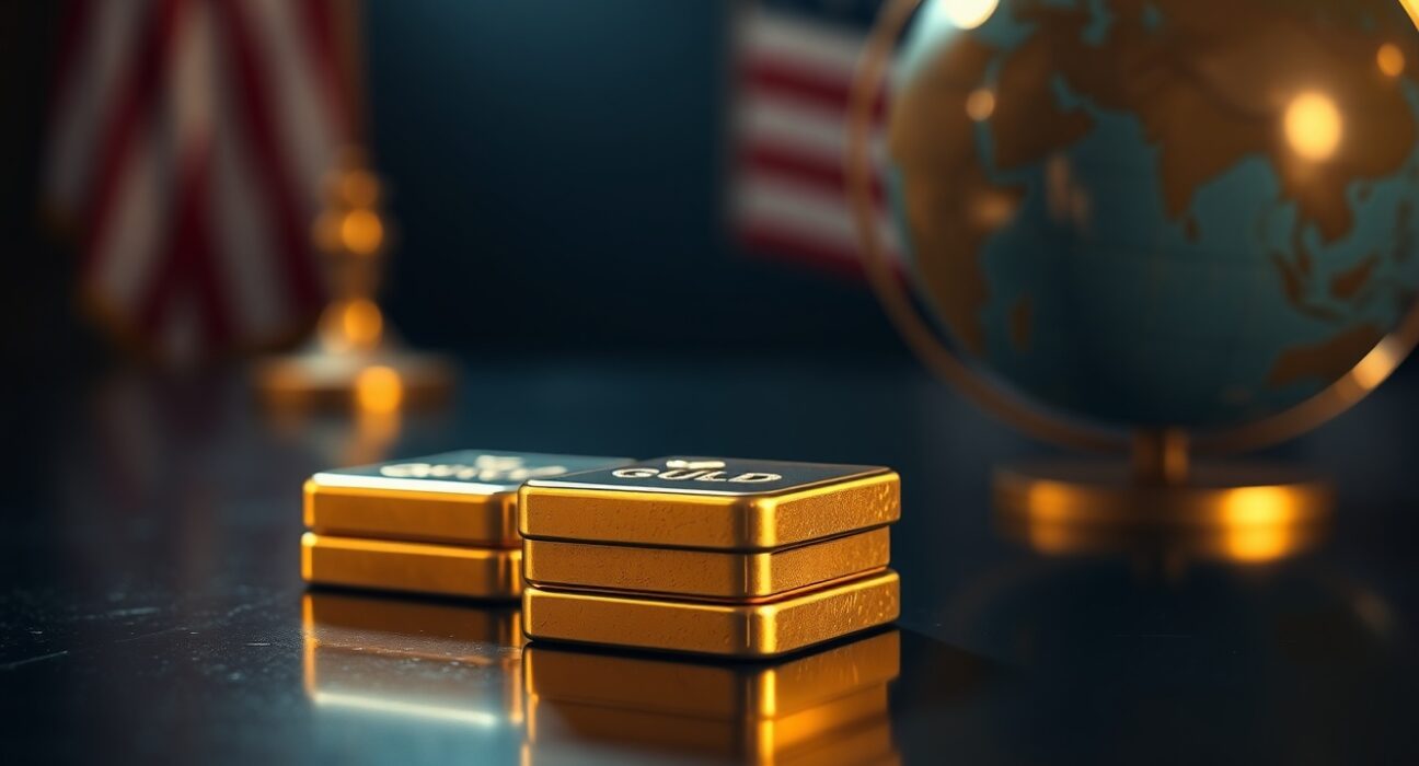 Close-up of gold bars and coins with American flag and globe in blurred background