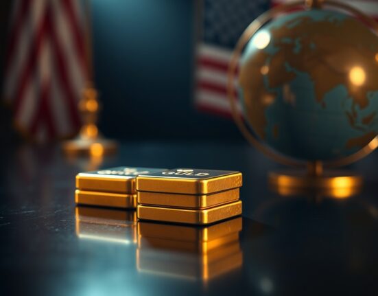 Close-up of gold bars and coins with American flag and globe in blurred background