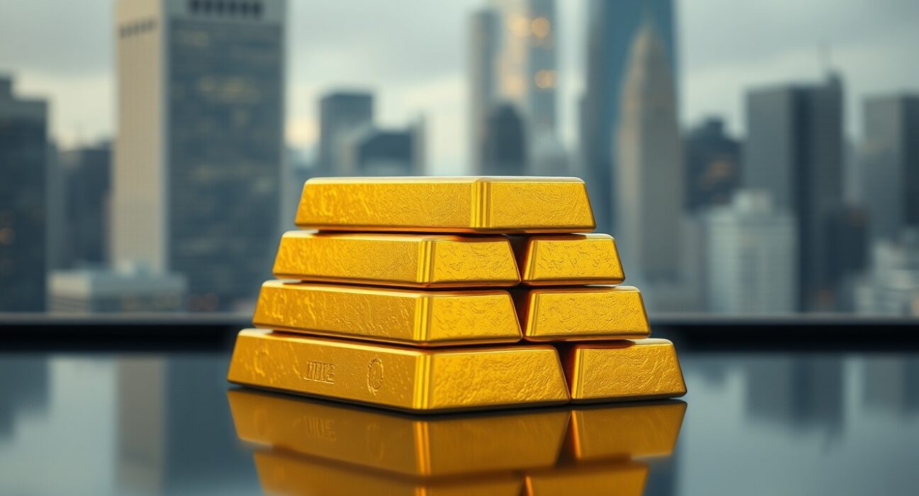 Gold bars on a reflective surface with a blurred financial district background, representing the precious metal's rally after weak US jobs data.