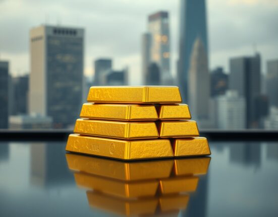 Gold bars on a reflective surface with a blurred financial district background, representing the precious metal's rally after weak US jobs data.