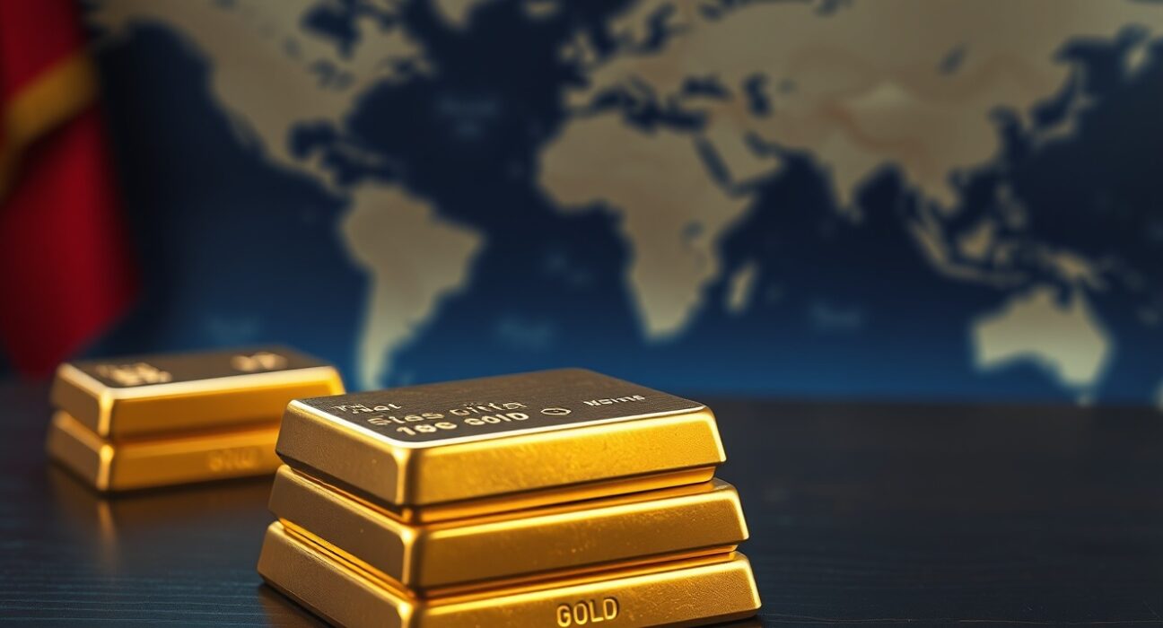 Stacked gold bars with a blurred background suggesting geopolitical context