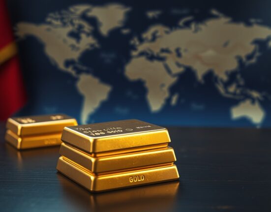 Stacked gold bars with a blurred background suggesting geopolitical context