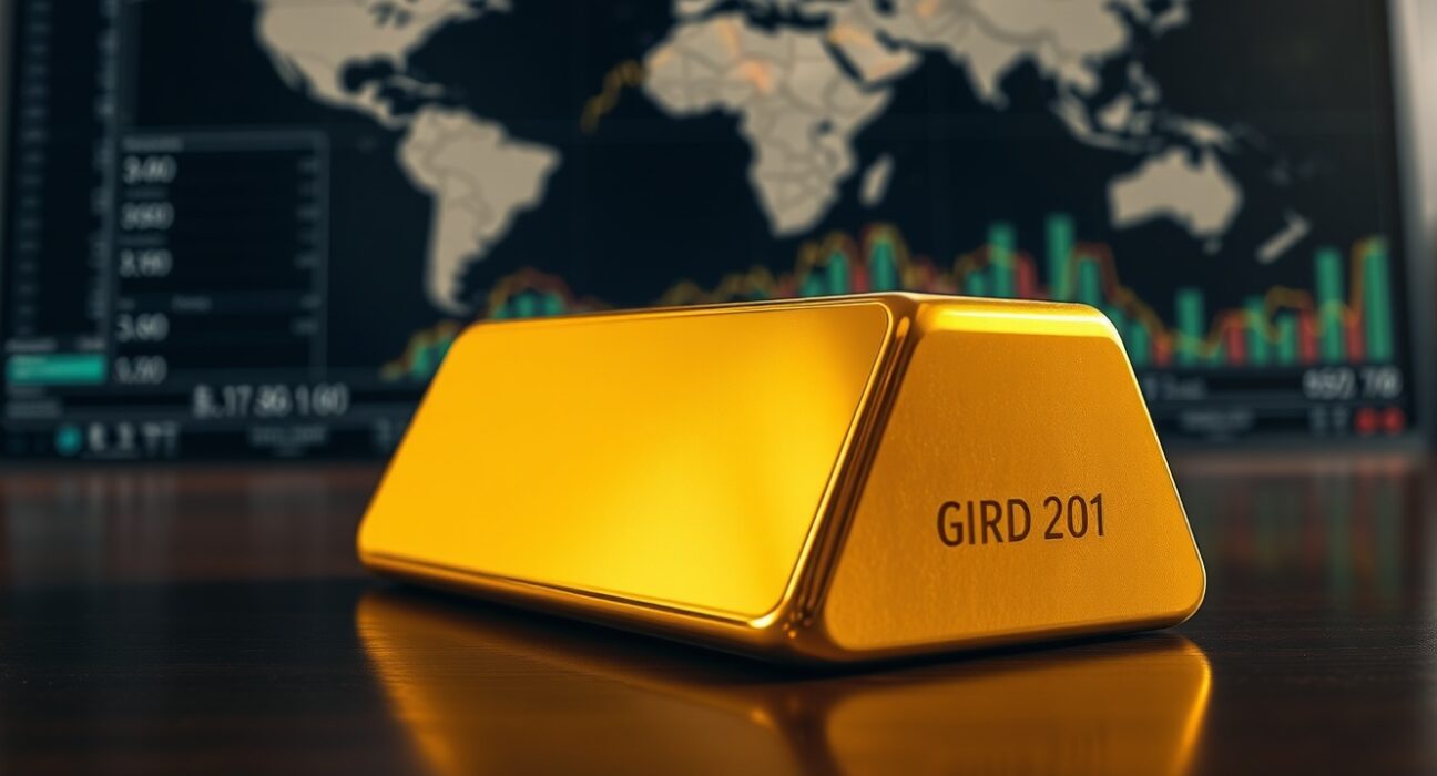 Gold bar on a dark surface with financial charts and a world map in the background