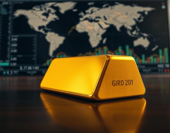 Gold bar on a dark surface with financial charts and a world map in the background