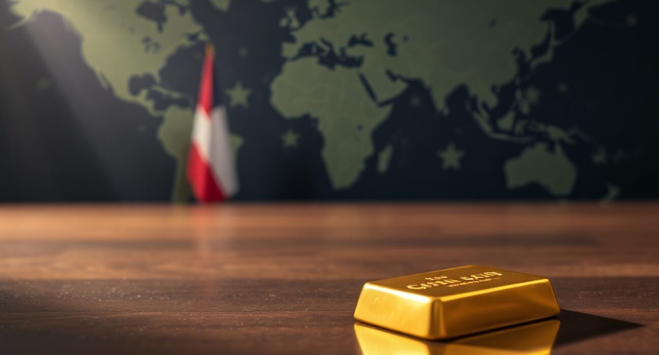 Gold bars and coins on a dark surface, representing safe-haven demand amid US-Iran diplomatic developments.
