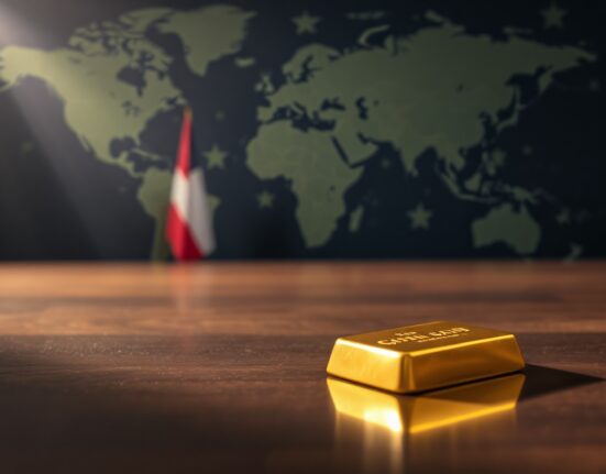 Gold bars and coins on a dark surface, representing safe-haven demand amid US-Iran diplomatic developments.