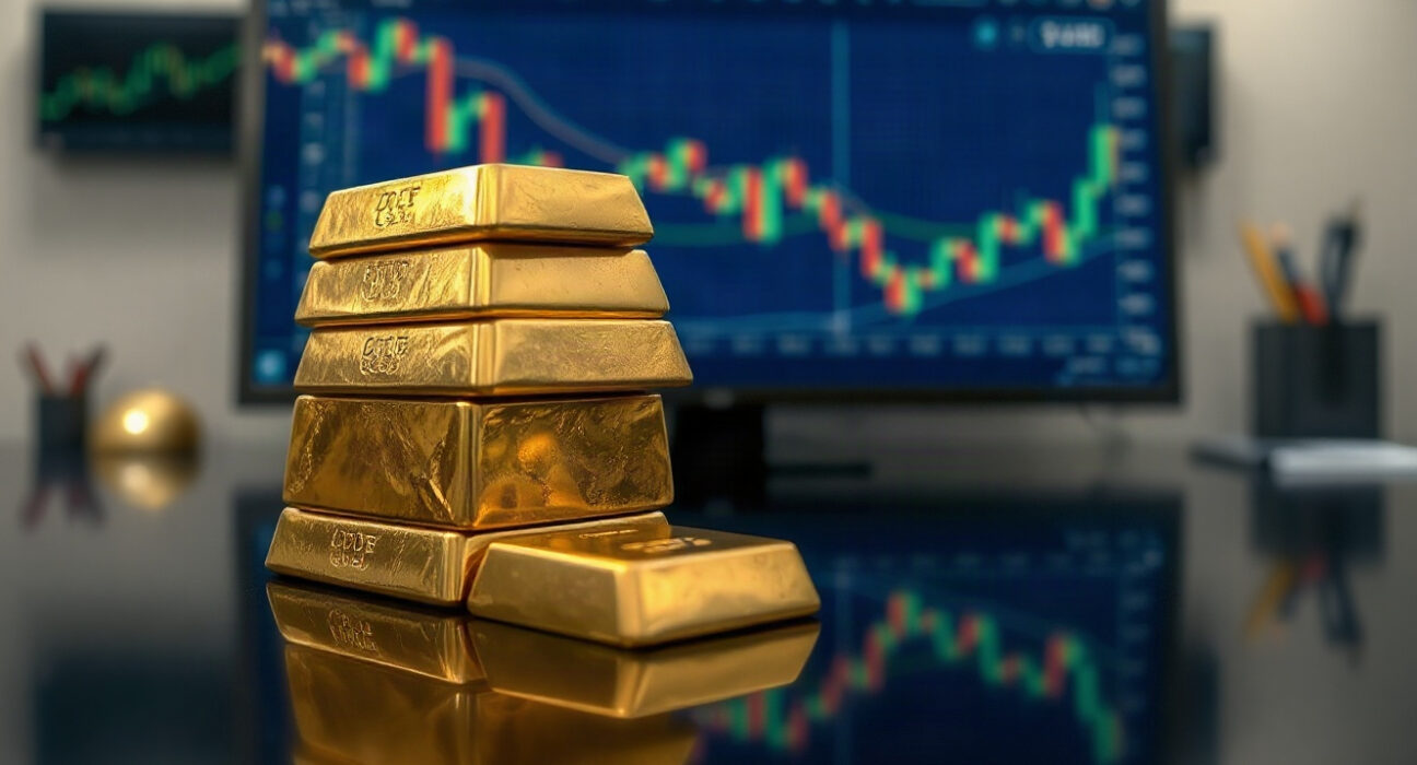 Gold bars stacked on a reflective surface with financial charts in the background, symbolizing safe-haven demand amid US debt worries.