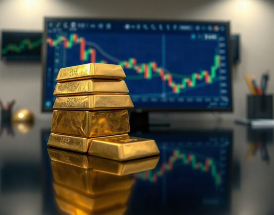 Gold bars stacked on a reflective surface with financial charts in the background, symbolizing safe-haven demand amid US debt worries.