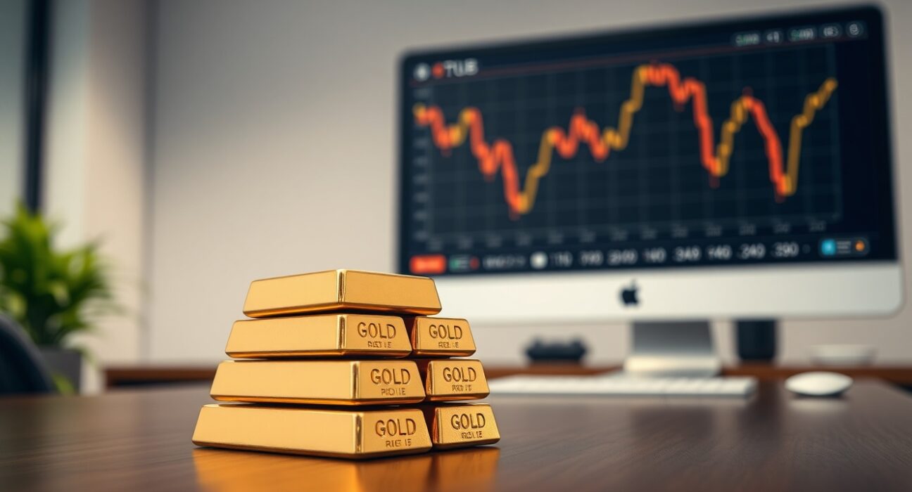 Gold bars on a table with a declining gold price chart in the background, representing gold's second weekly loss amid higher-for-longer rate expectations.