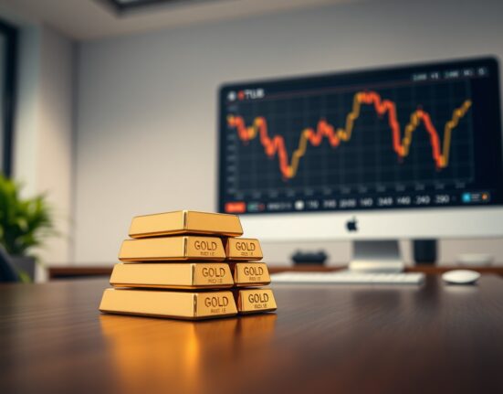 Gold bars on a table with a declining gold price chart in the background, representing gold's second weekly loss amid higher-for-longer rate expectations.