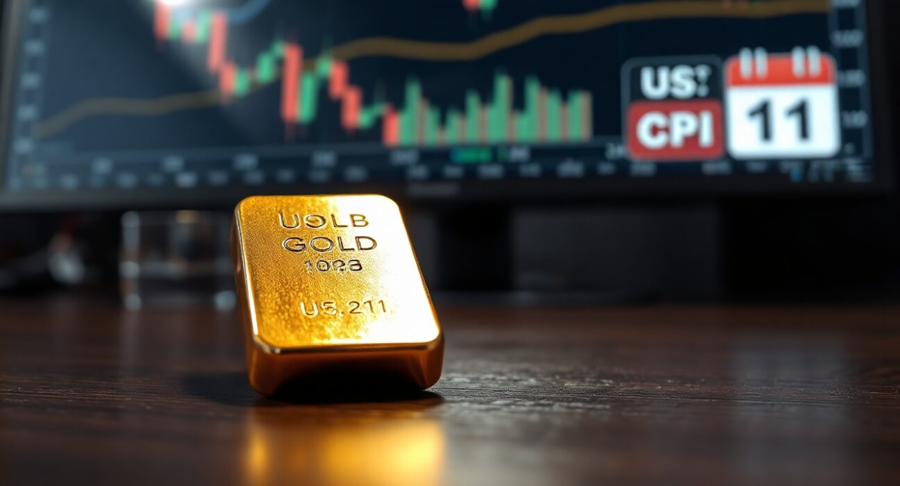 Gold bar on dark surface with financial charts and CPI calendar in background