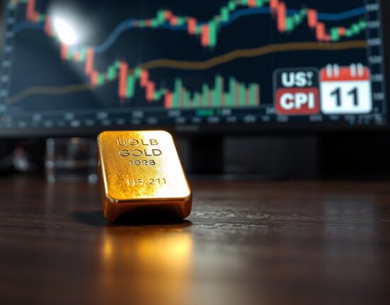 Gold bar on dark surface with financial charts and CPI calendar in background