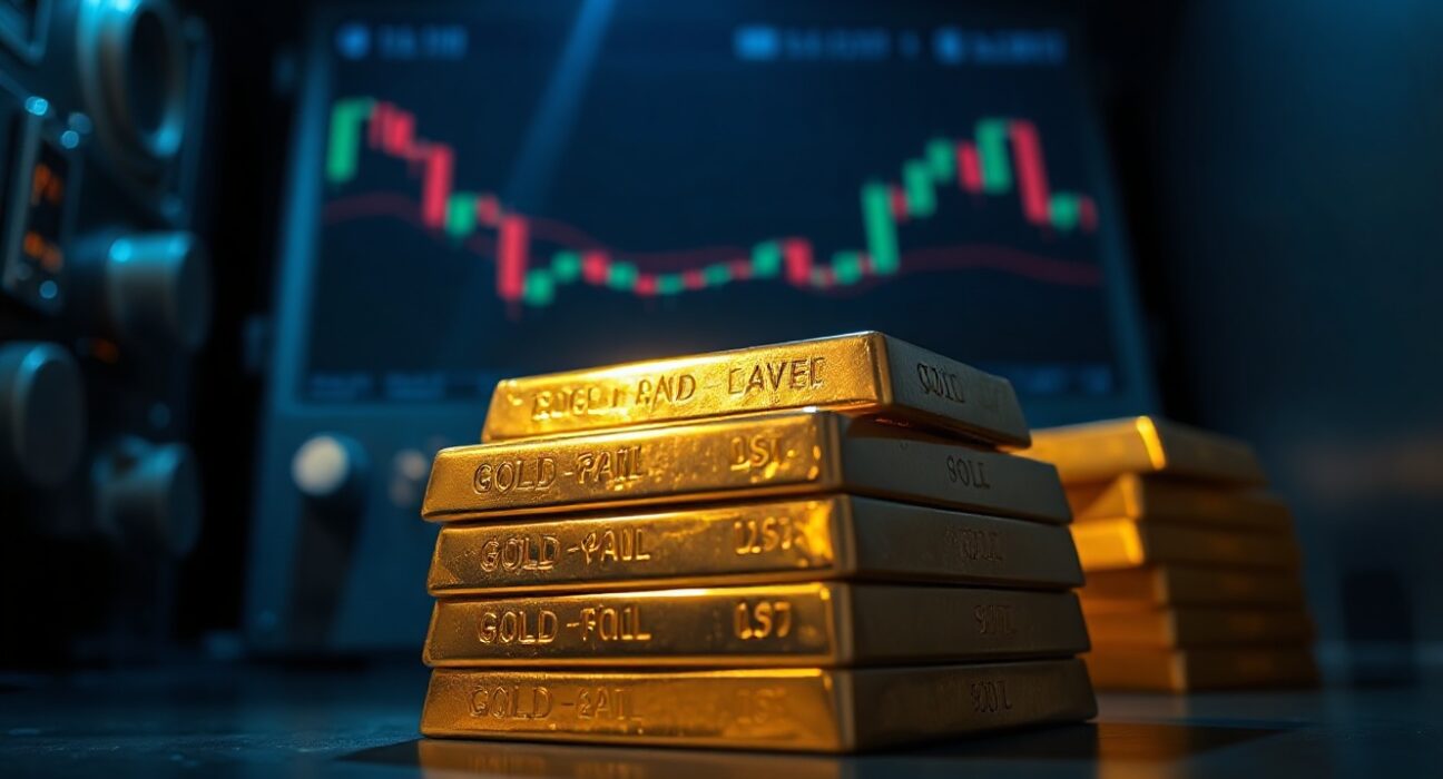Gold bullion bars in a vault with a blue-tinted shadow, symbolizing falling prices amid a strong US dollar.