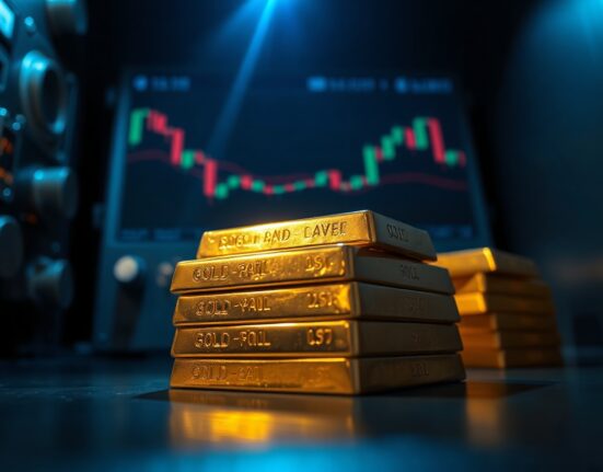 Gold bullion bars in a vault with a blue-tinted shadow, symbolizing falling prices amid a strong US dollar.