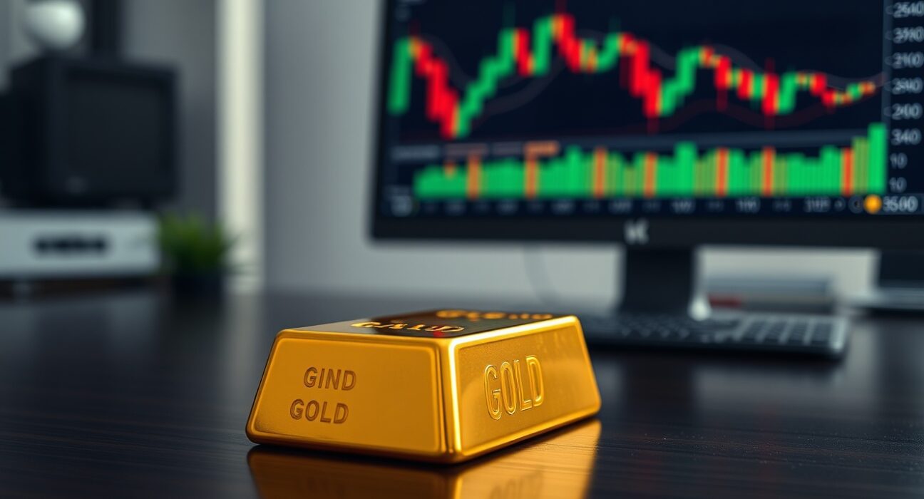 Gold bullion bar on desk with trading chart in background