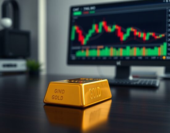 Gold bullion bar on desk with trading chart in background