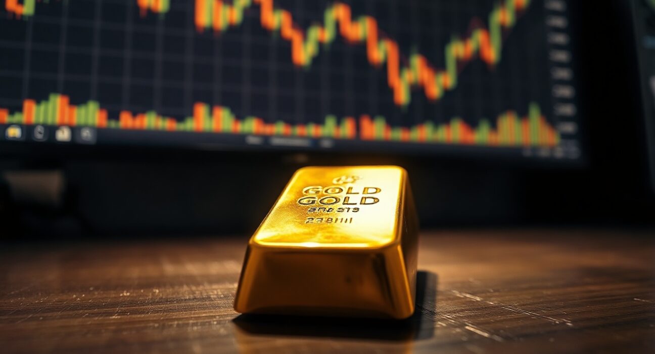 Gold bullion bar on dark surface with blurred financial chart showing sideways movement