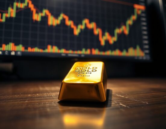 Gold bullion bar on dark surface with blurred financial chart showing sideways movement