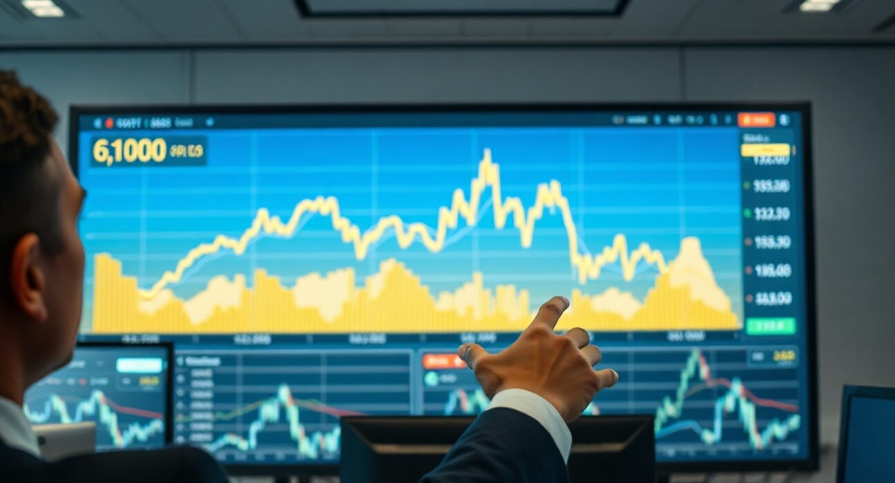 Analyst pointing at gold price chart showing sideways movement on a digital screen in a modern office.