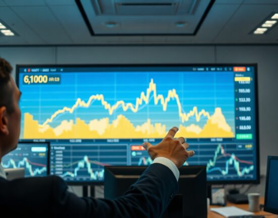 Analyst pointing at gold price chart showing sideways movement on a digital screen in a modern office.