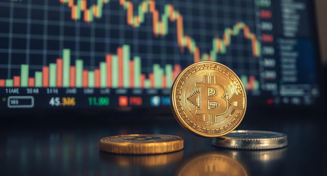 Gold and silver coins on a reflective surface with financial charts in background, representing precious metals market outlook.