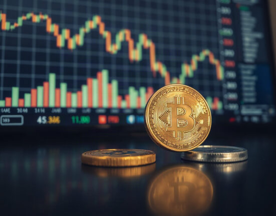 Gold and silver coins on a reflective surface with financial charts in background, representing precious metals market outlook.