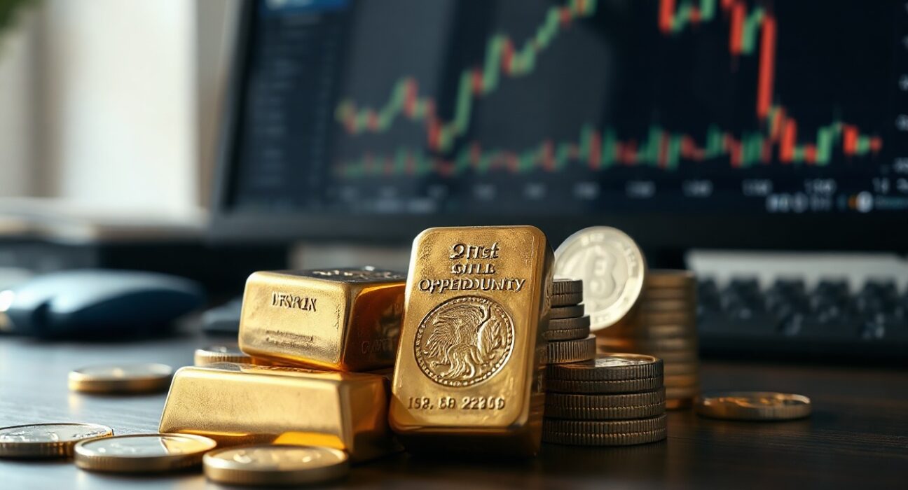 Gold bars and silver coins on a desk with a financial chart in the background