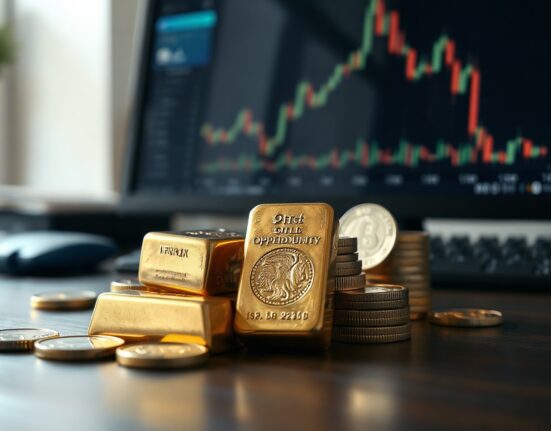 Gold bars and silver coins on a desk with a financial chart in the background