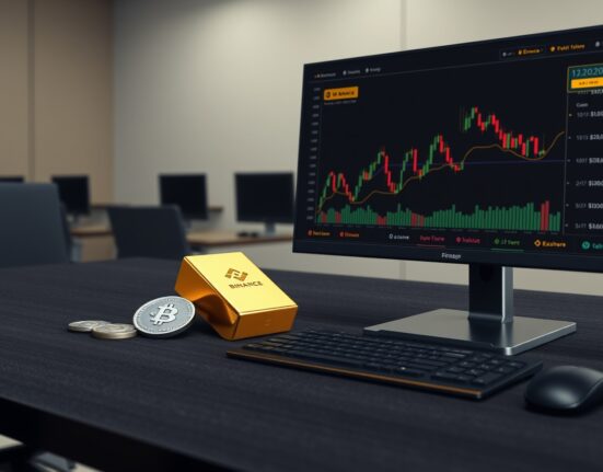 Gold bar and Binance trading interface representing commodities volume on crypto futures.
