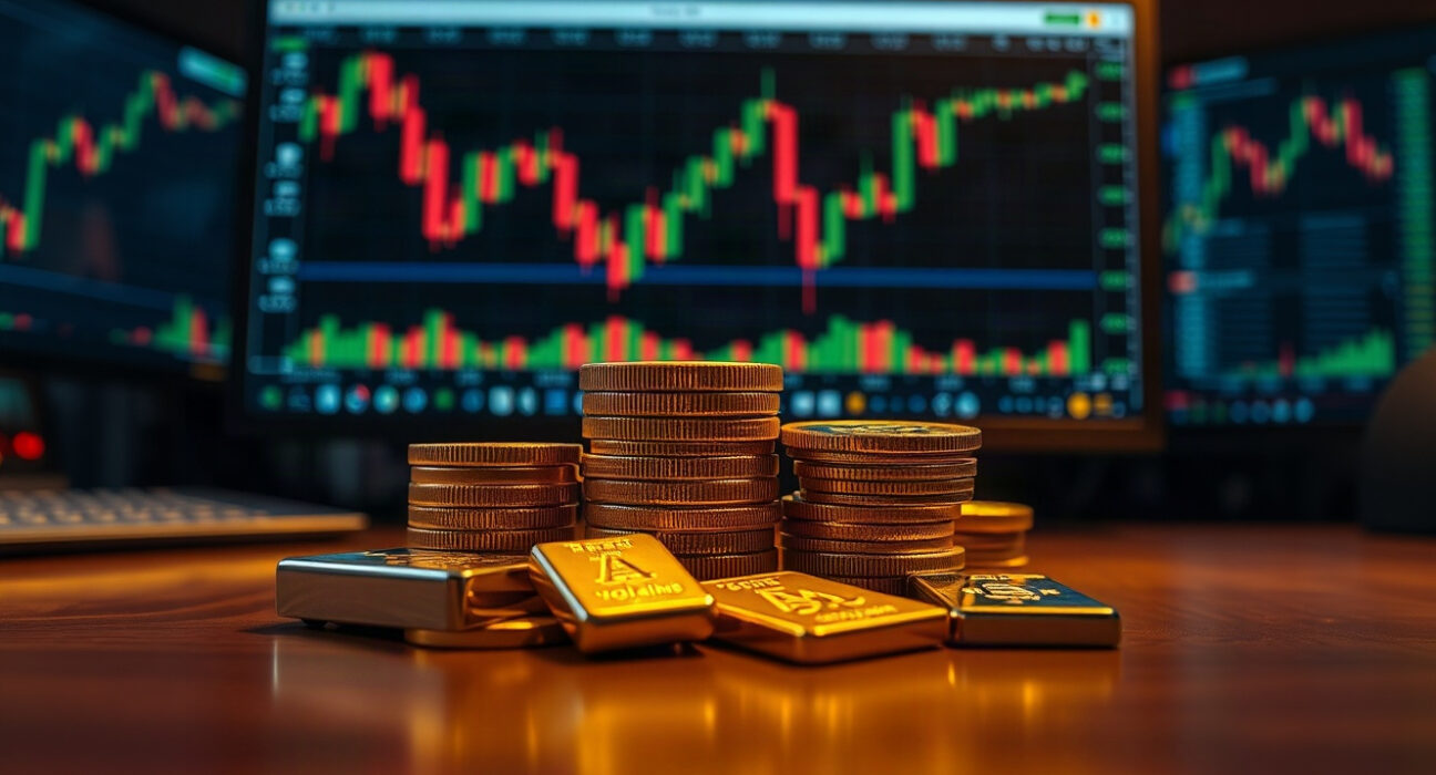 Gold bullion coins and silver bars on a table with a trading chart in the background