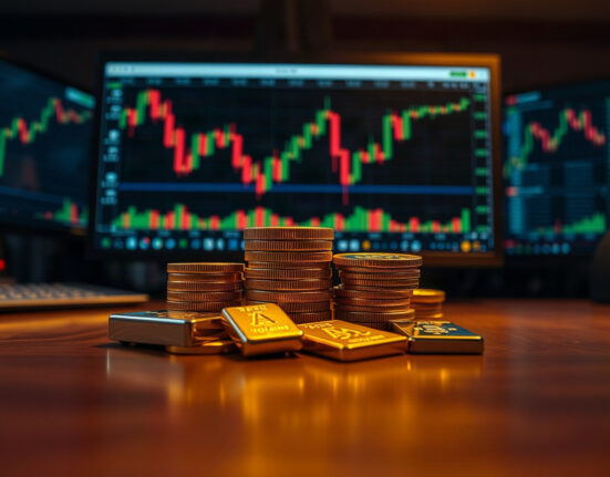 Gold bullion coins and silver bars on a table with a trading chart in the background