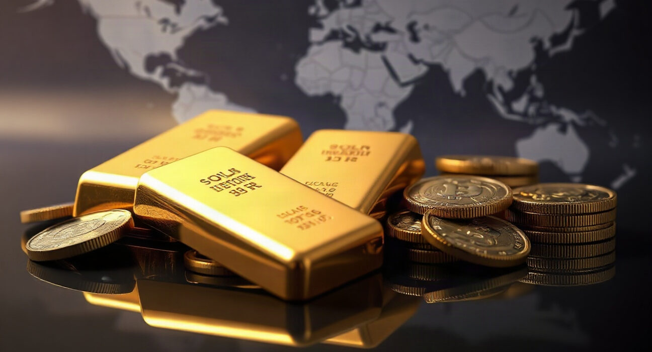 Gold bars and silver coins on a reflective surface with a world map background, symbolizing market impact.