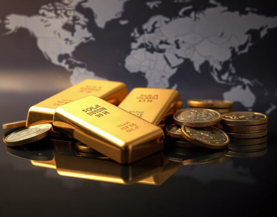 Gold bars and silver coins on a reflective surface with a world map background, symbolizing market impact.