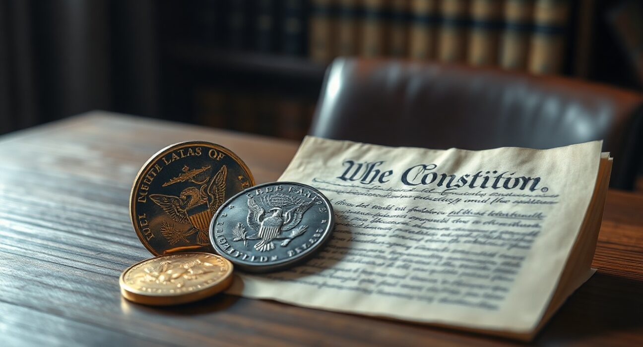 Gold and silver coins placed on a copy of the U.S. Constitution, representing the constitutional argument for sound money.