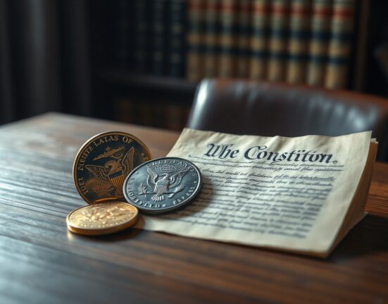 Gold and silver coins placed on a copy of the U.S. Constitution, representing the constitutional argument for sound money.