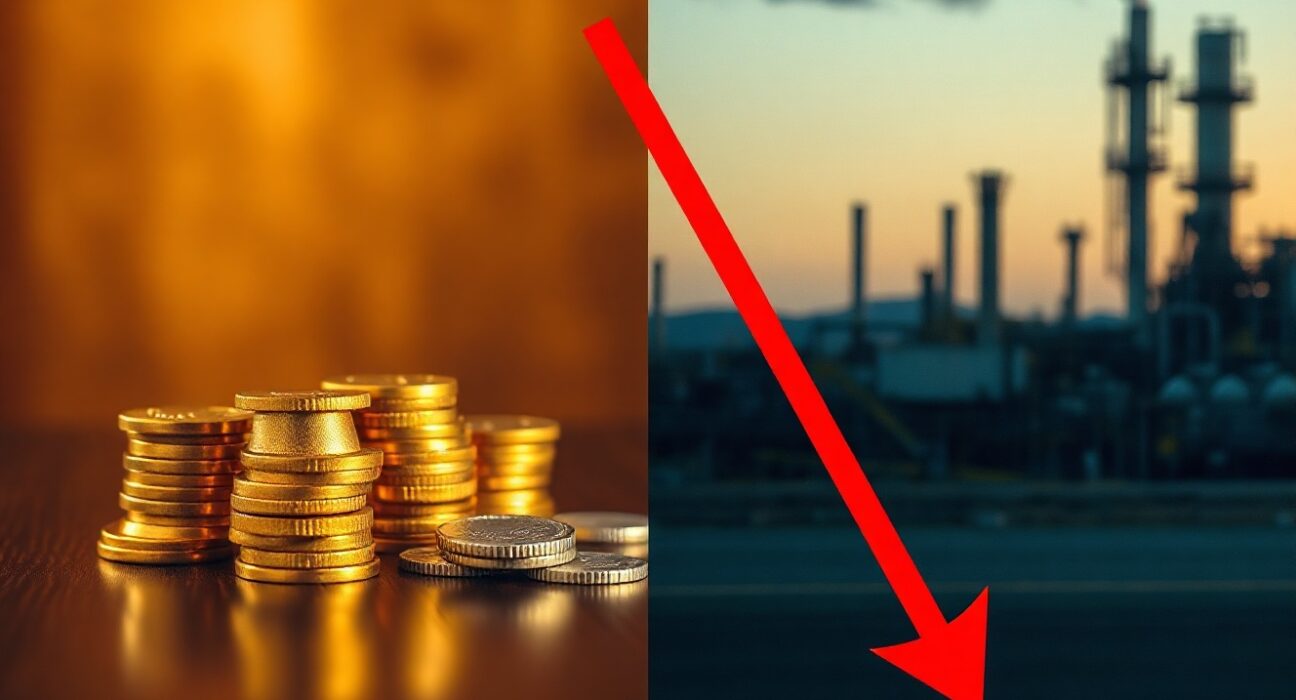 Gold bars and silver coins with an oil refinery in background, representing precious metals surge and oil price crash after Trump cancels Iran strike.