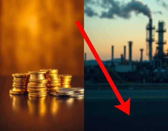 Gold bars and silver coins with an oil refinery in background, representing precious metals surge and oil price crash after Trump cancels Iran strike.