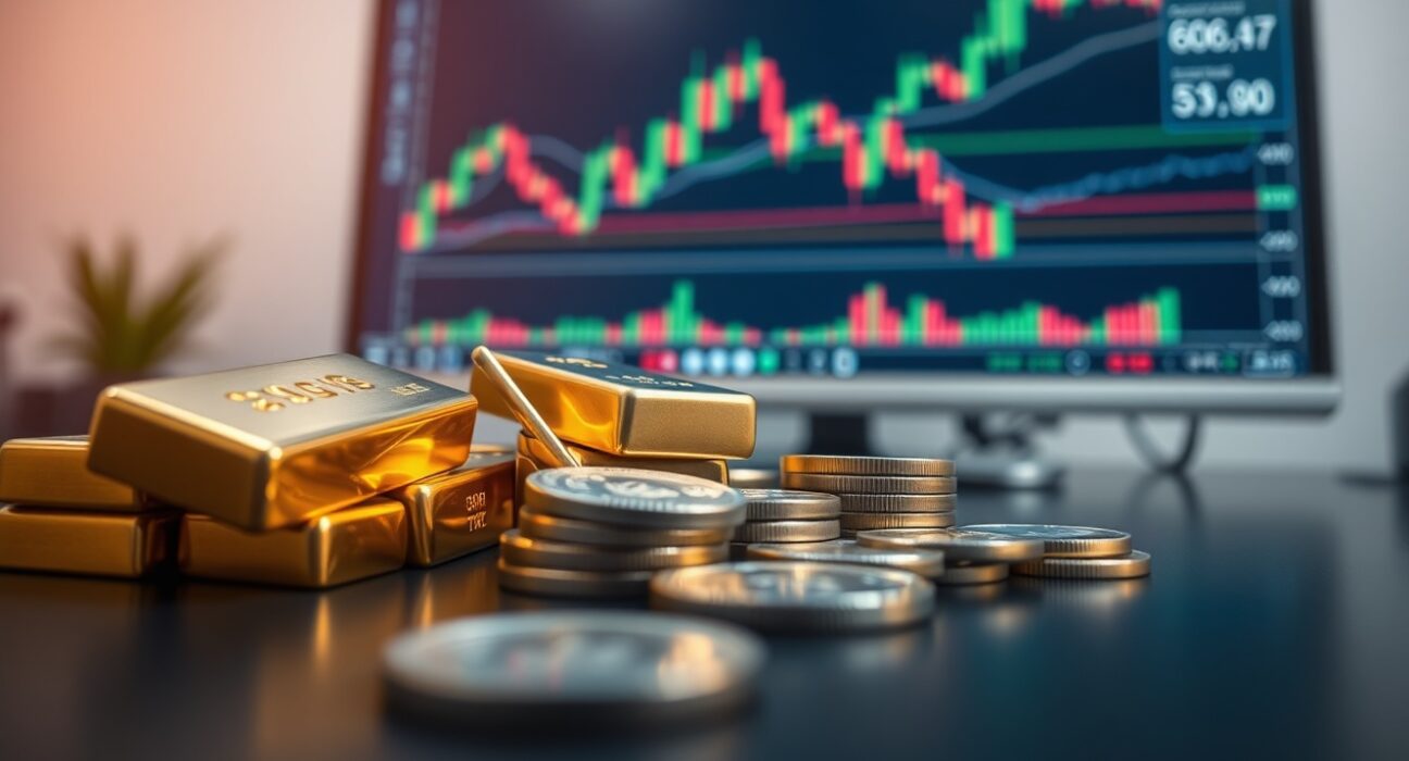 Gold bars and silver coins on a trading desk with a chart monitor in the background