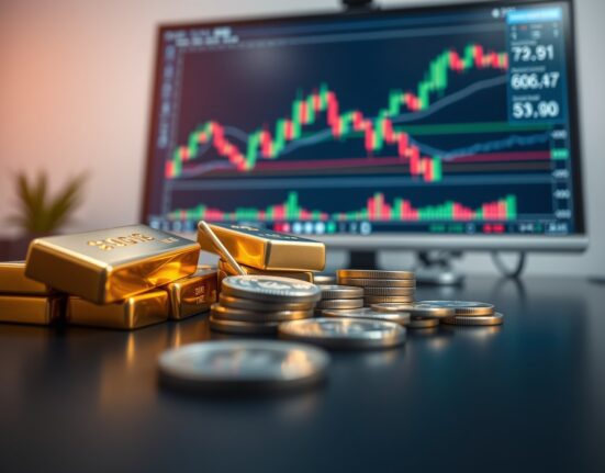 Gold bars and silver coins on a trading desk with a chart monitor in the background