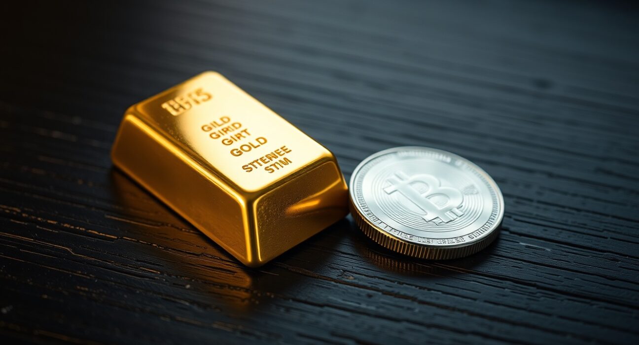 Gold bar and silver coin on wooden surface representing the gold-silver ratio.