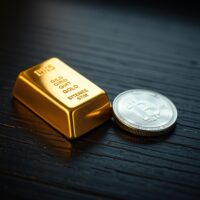 Gold bar and silver coin on wooden surface representing the gold-silver ratio.