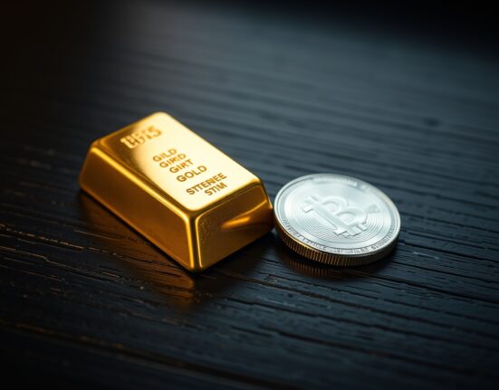 Gold bar and silver coin on wooden surface representing the gold-silver ratio.